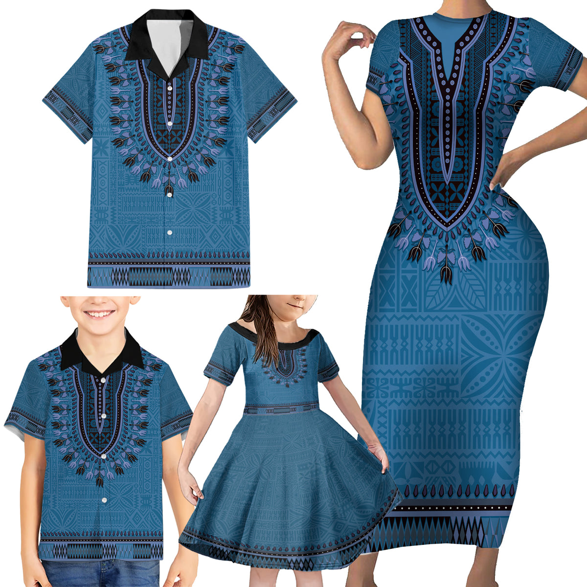 Blue African Dashiki With Fijian Tapa Pattern Family Matching Short Sleeve Bodycon Dress and Hawaiian Shirt LT14 - Polynesian Pride
