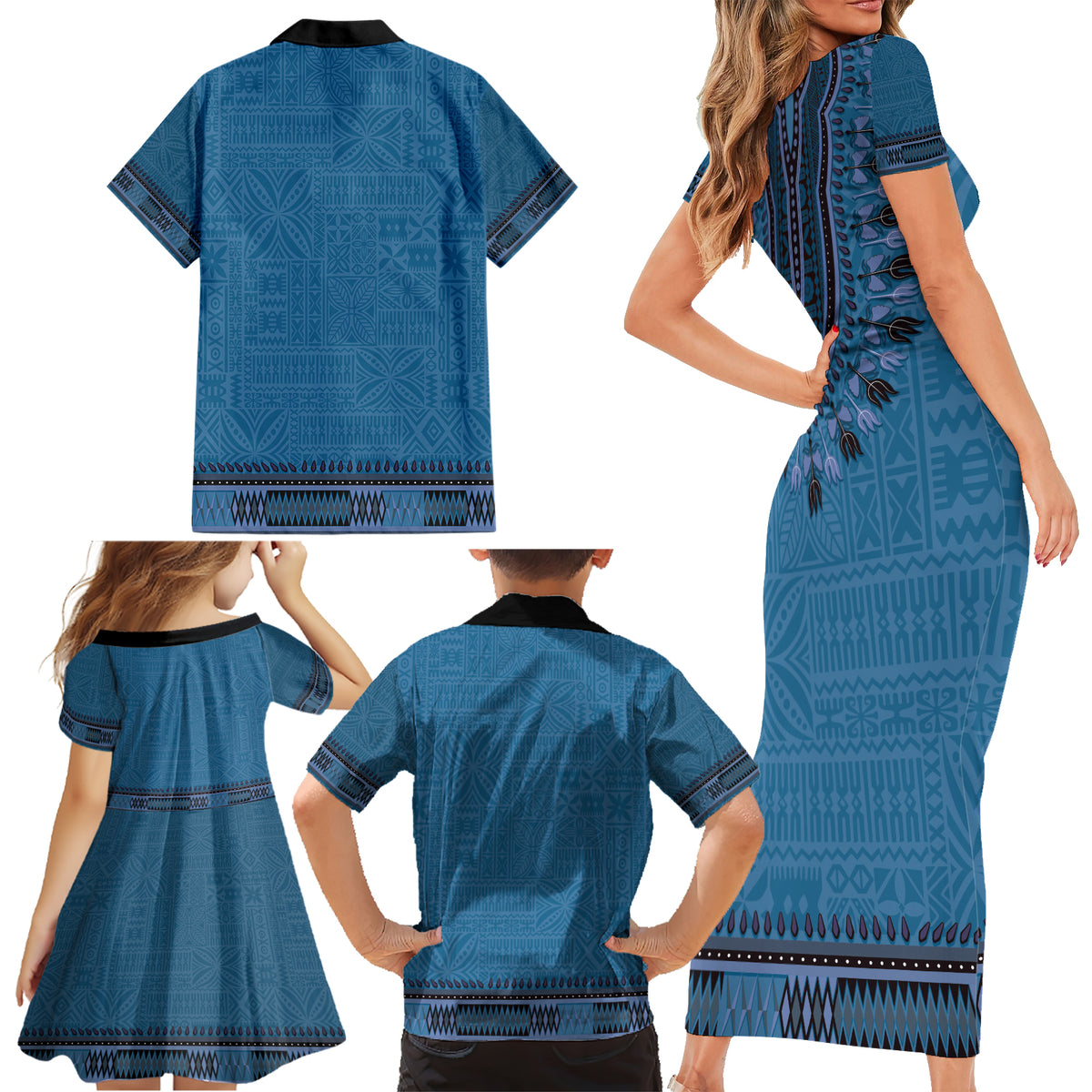 Blue African Dashiki With Fijian Tapa Pattern Family Matching Short Sleeve Bodycon Dress and Hawaiian Shirt LT14 - Polynesian Pride