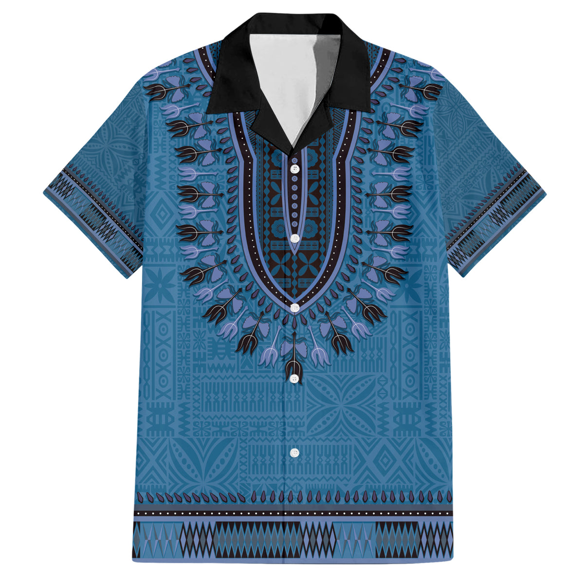 Blue African Dashiki With Fijian Tapa Pattern Family Matching Short Sleeve Bodycon Dress and Hawaiian Shirt LT14 Dad's Shirt - Short Sleeve Blue - Polynesian Pride