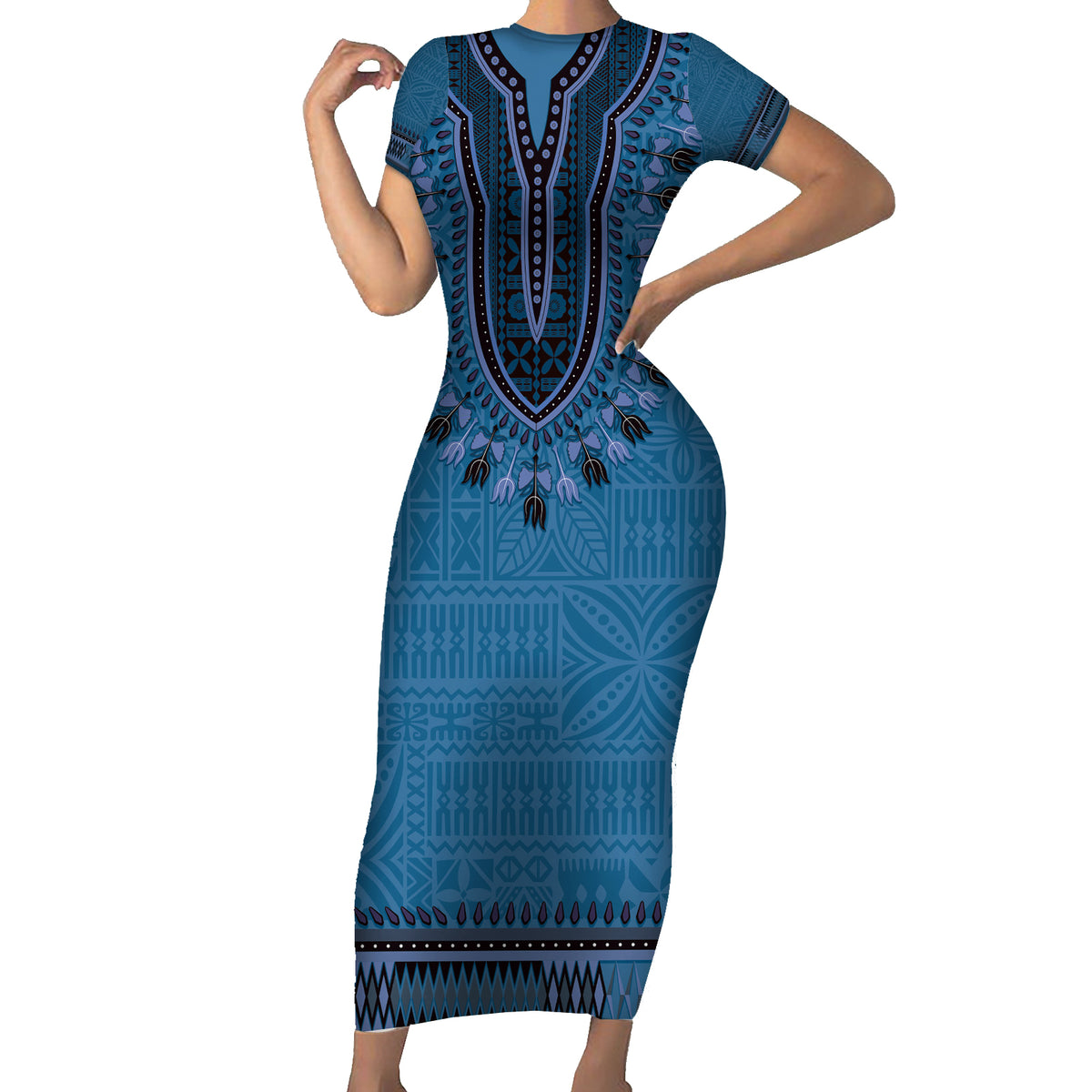 Blue African Dashiki With Fijian Tapa Pattern Family Matching Short Sleeve Bodycon Dress and Hawaiian Shirt LT14 Mom's Dress Blue - Polynesian Pride