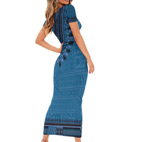 Blue African Dashiki With Fijian Tapa Pattern Family Matching Short Sleeve Bodycon Dress and Hawaiian Shirt LT14 - Polynesian Pride