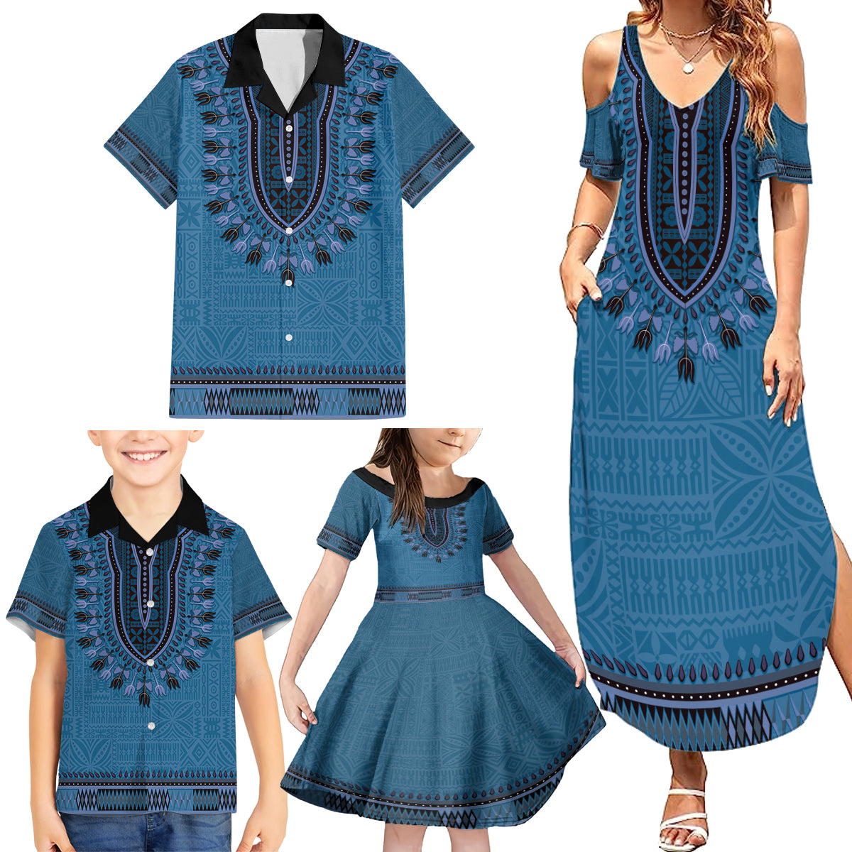 Blue African Dashiki With Fijian Tapa Pattern Family Matching Summer Maxi Dress and Hawaiian Shirt LT14 - Polynesian Pride