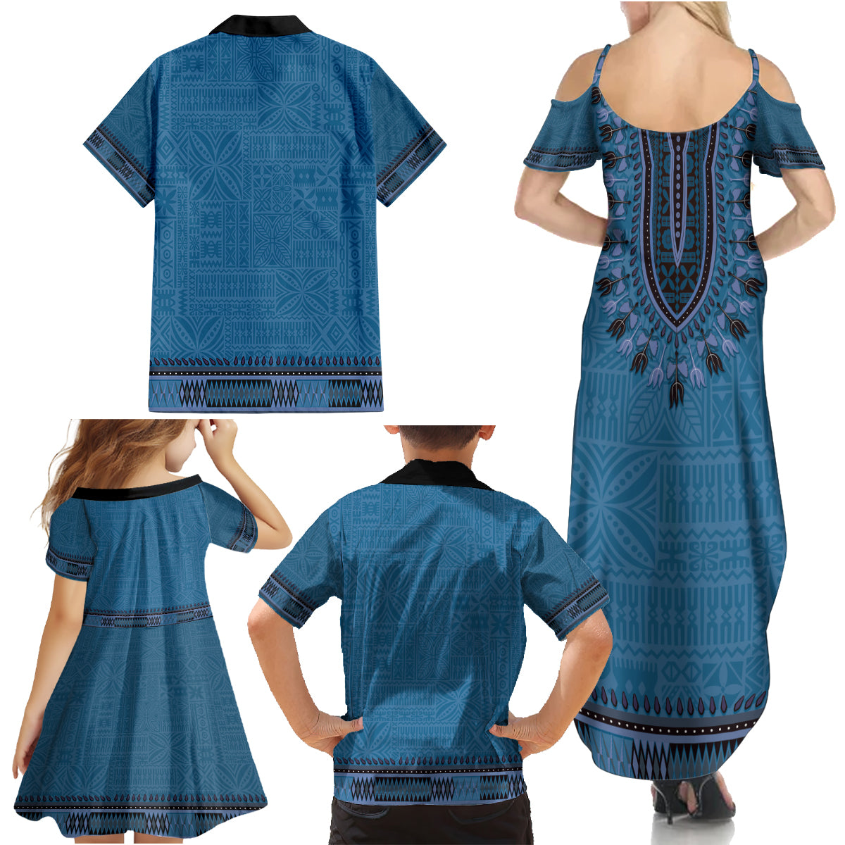 Blue African Dashiki With Fijian Tapa Pattern Family Matching Summer Maxi Dress and Hawaiian Shirt LT14 - Polynesian Pride