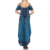 Blue African Dashiki With Fijian Tapa Pattern Family Matching Summer Maxi Dress and Hawaiian Shirt LT14 - Polynesian Pride