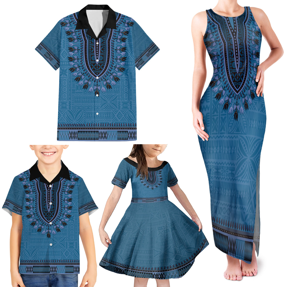 Blue African Dashiki With Fijian Tapa Pattern Family Matching Tank Maxi Dress and Hawaiian Shirt LT14 - Polynesian Pride