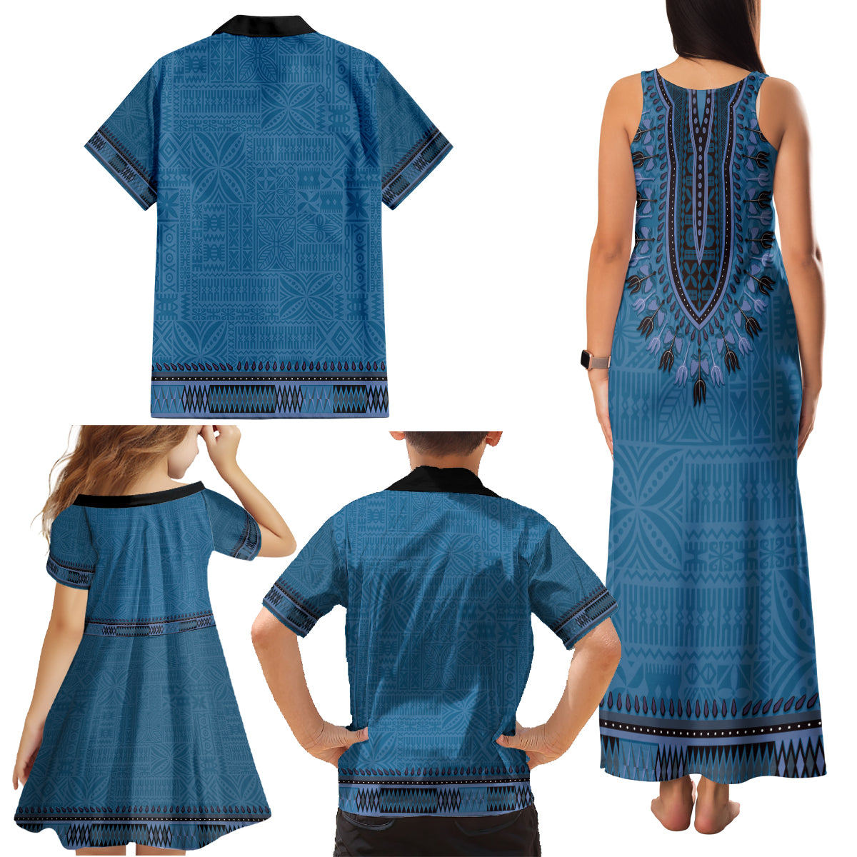 Blue African Dashiki With Fijian Tapa Pattern Family Matching Tank Maxi Dress and Hawaiian Shirt LT14 - Polynesian Pride