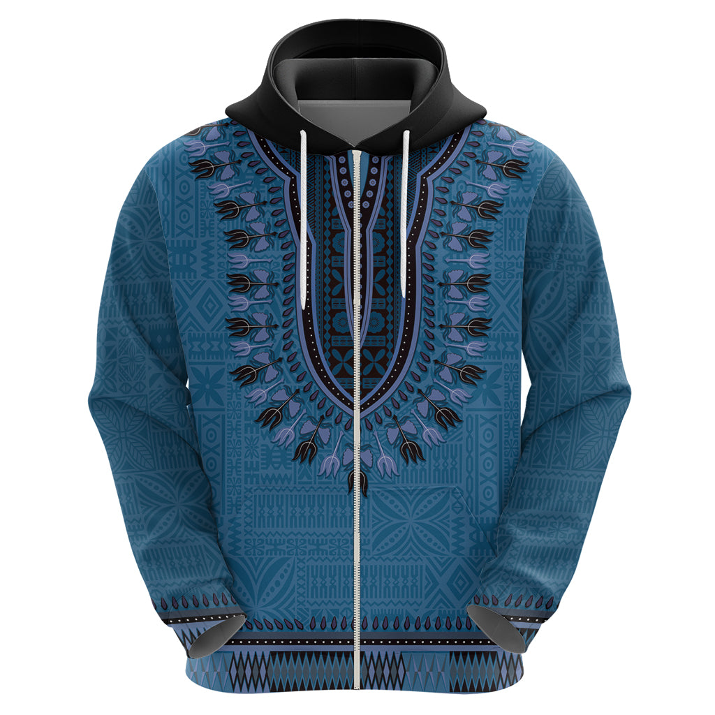 Blue African Dashiki With Fijian Tapa Pattern Zip Hoodie LT14 - Polynesian Pride