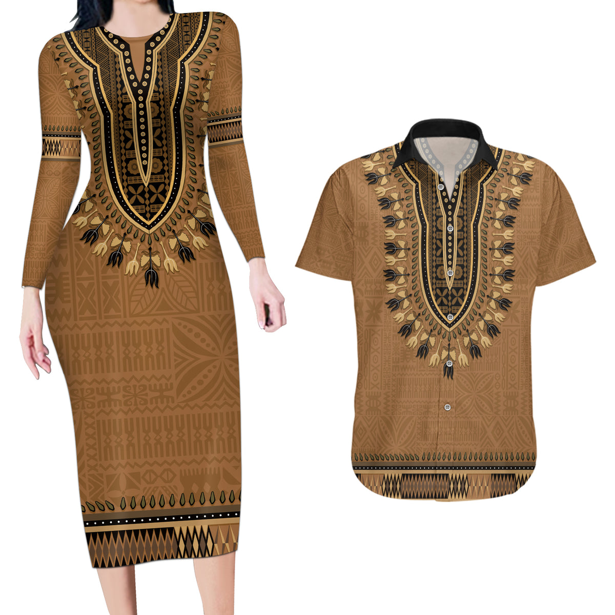 Brown African Dashiki With Fijian Tapa Pattern Couples Matching Long Sleeve Bodycon Dress and Hawaiian Shirt LT14 Brown - Polynesian Pride