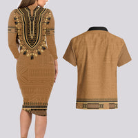Brown African Dashiki With Fijian Tapa Pattern Couples Matching Long Sleeve Bodycon Dress and Hawaiian Shirt LT14 - Polynesian Pride