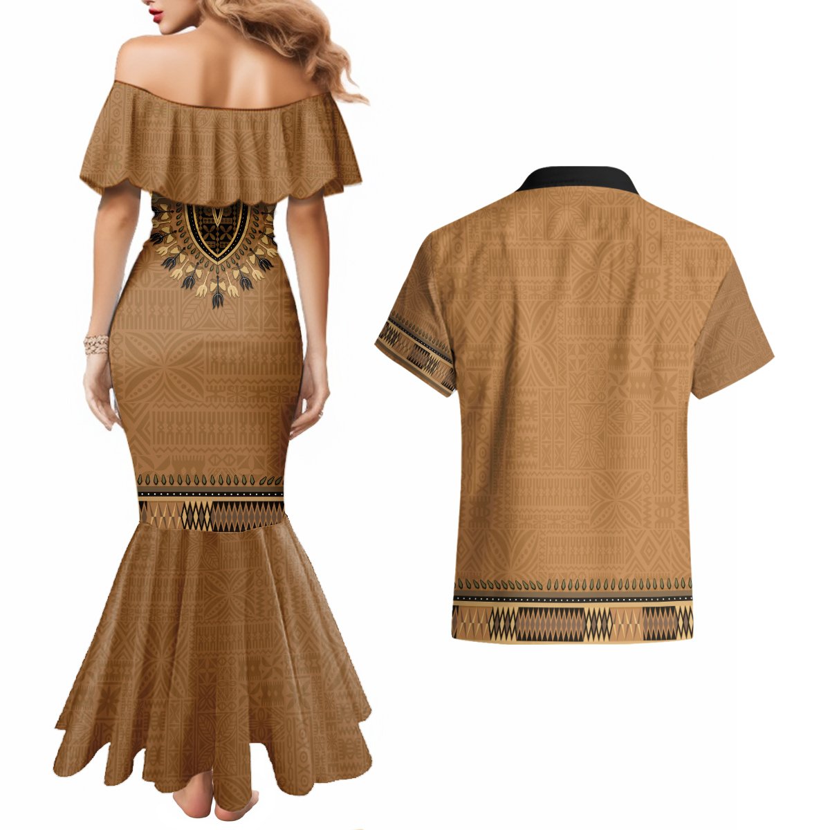 Brown African Dashiki With Fijian Tapa Pattern Couples Matching Mermaid Dress and Hawaiian Shirt LT14 - Polynesian Pride