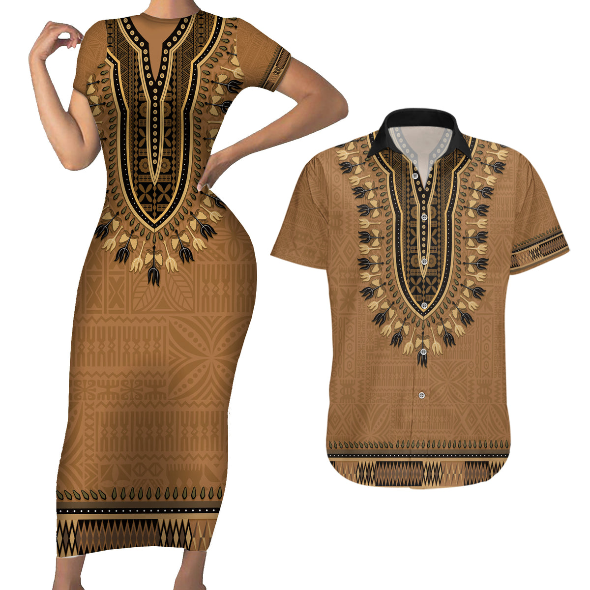 Brown African Dashiki With Fijian Tapa Pattern Couples Matching Short Sleeve Bodycon Dress and Hawaiian Shirt LT14 Brown - Polynesian Pride