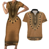 Brown African Dashiki With Fijian Tapa Pattern Couples Matching Short Sleeve Bodycon Dress and Hawaiian Shirt LT14 Brown - Polynesian Pride