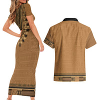 Brown African Dashiki With Fijian Tapa Pattern Couples Matching Short Sleeve Bodycon Dress and Hawaiian Shirt LT14 - Polynesian Pride