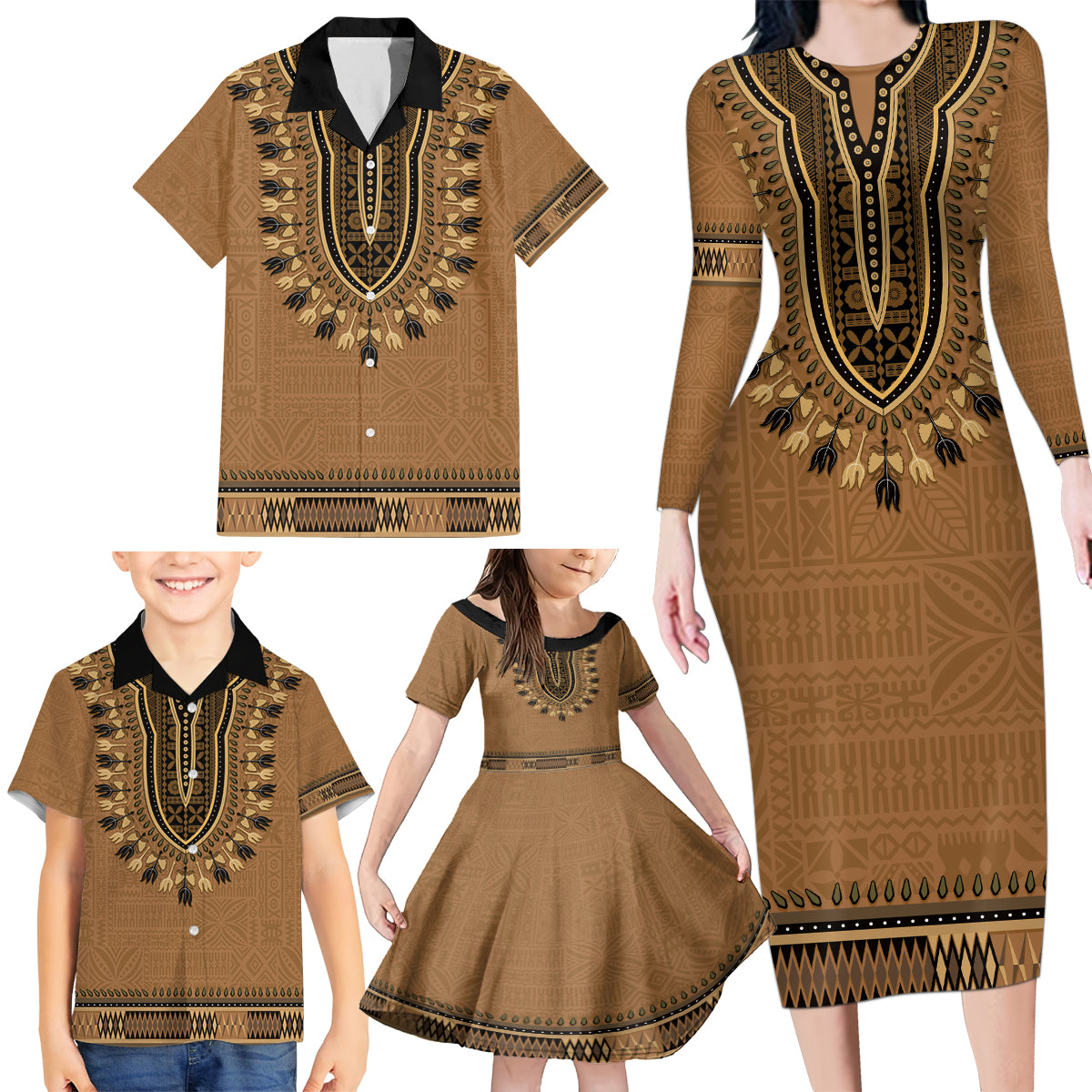 Brown African Dashiki With Fijian Tapa Pattern Family Matching Long Sleeve Bodycon Dress and Hawaiian Shirt LT14 - Polynesian Pride