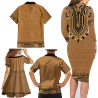 Brown African Dashiki With Fijian Tapa Pattern Family Matching Long Sleeve Bodycon Dress and Hawaiian Shirt LT14 - Polynesian Pride