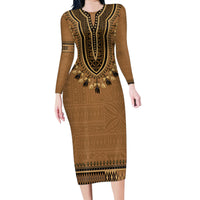 Brown African Dashiki With Fijian Tapa Pattern Family Matching Long Sleeve Bodycon Dress and Hawaiian Shirt LT14 Mom's Dress Brown - Polynesian Pride