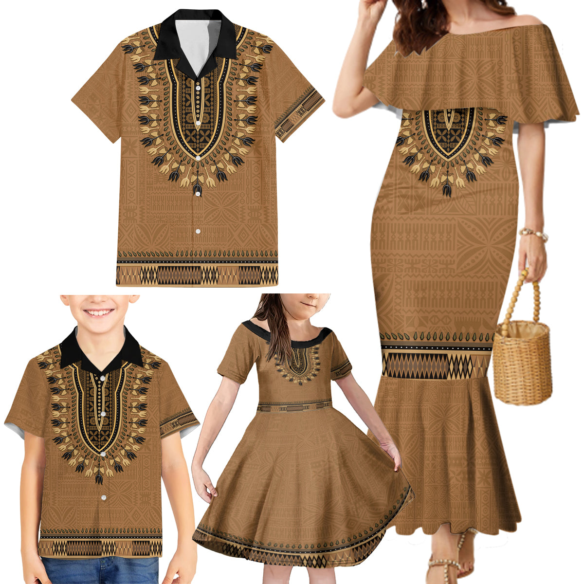 Brown African Dashiki With Fijian Tapa Pattern Family Matching Mermaid Dress and Hawaiian Shirt LT14 - Polynesian Pride