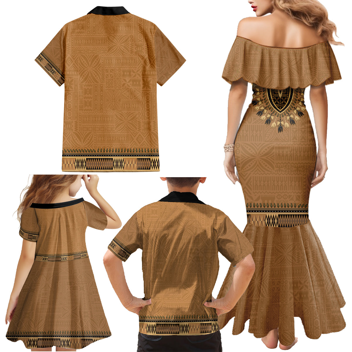 Brown African Dashiki With Fijian Tapa Pattern Family Matching Mermaid Dress and Hawaiian Shirt LT14 - Polynesian Pride