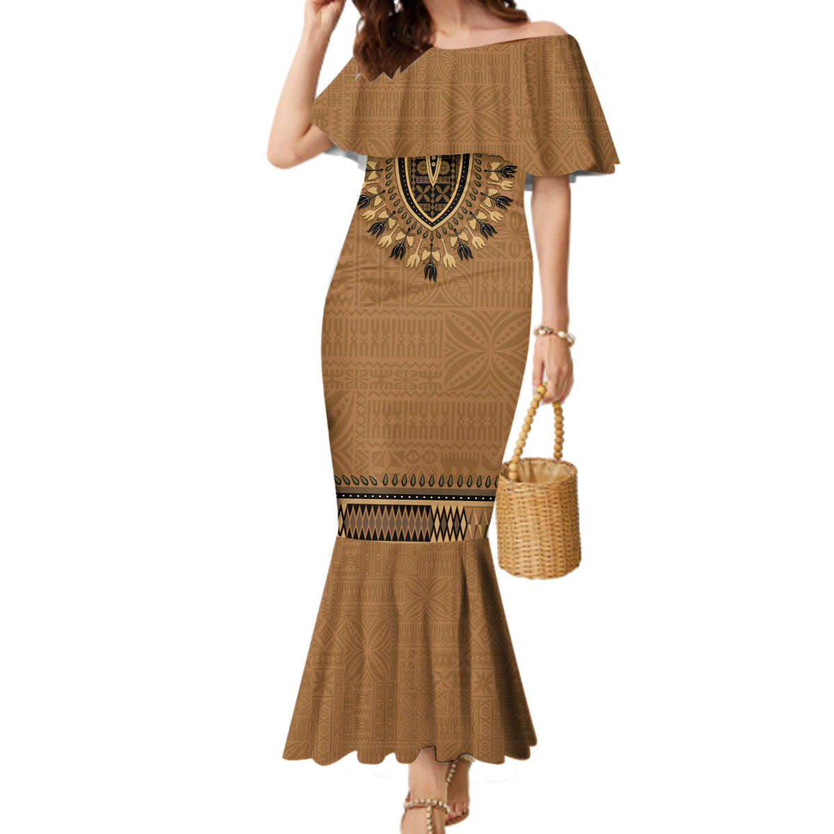 Brown African Dashiki With Fijian Tapa Pattern Family Matching Mermaid Dress and Hawaiian Shirt LT14 Mom's Dress Brown - Polynesian Pride