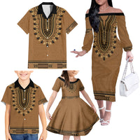 Brown African Dashiki With Fijian Tapa Pattern Family Matching Off The Shoulder Long Sleeve Dress and Hawaiian Shirt LT14 - Polynesian Pride