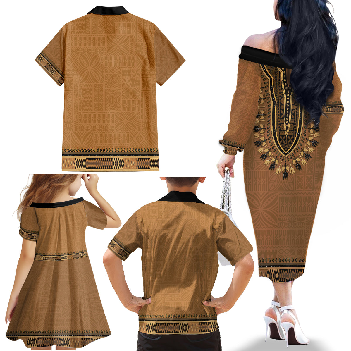 Brown African Dashiki With Fijian Tapa Pattern Family Matching Off The Shoulder Long Sleeve Dress and Hawaiian Shirt LT14 - Polynesian Pride