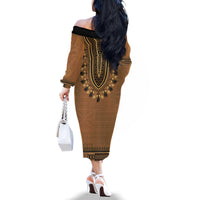 Brown African Dashiki With Fijian Tapa Pattern Family Matching Off The Shoulder Long Sleeve Dress and Hawaiian Shirt LT14 - Polynesian Pride