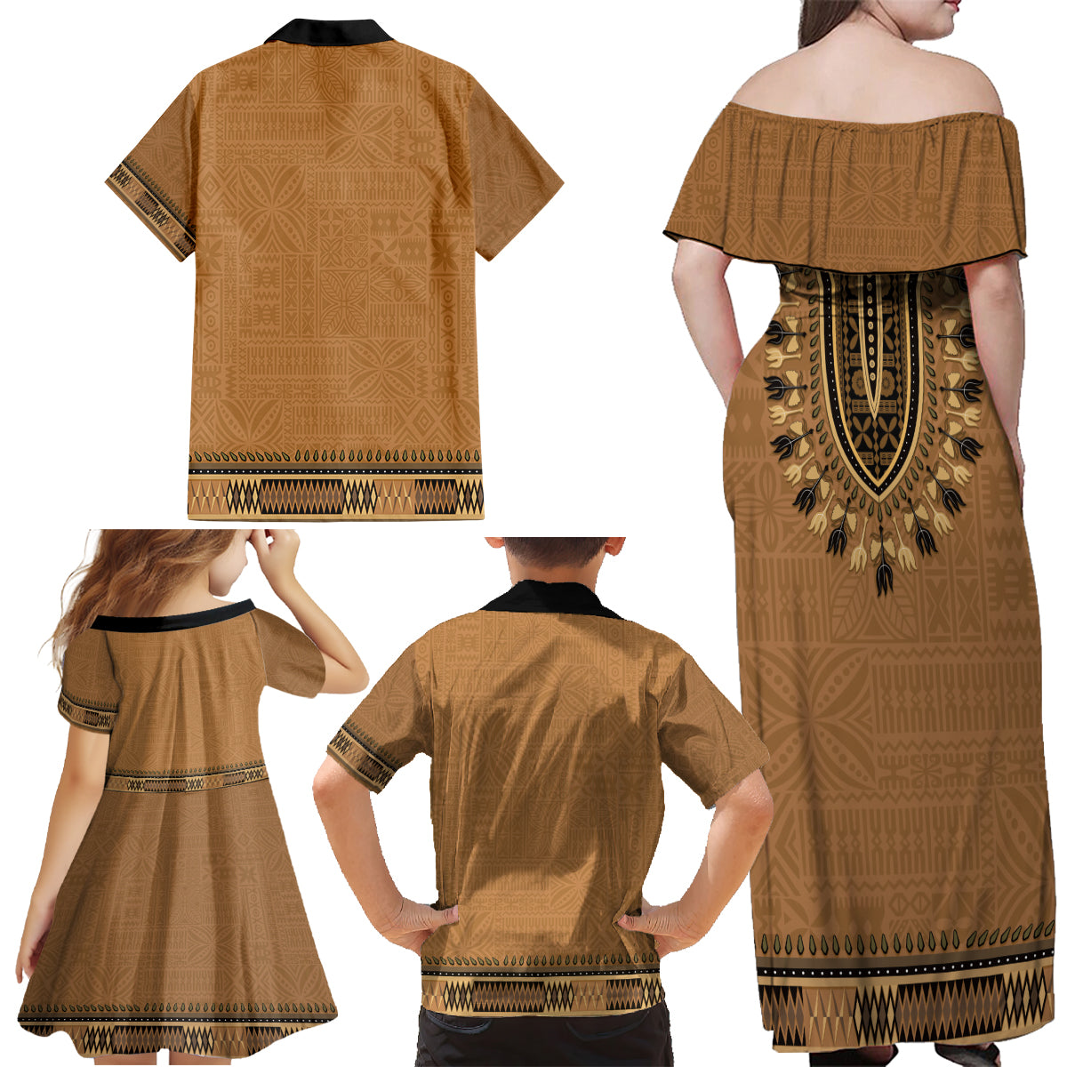 Brown African Dashiki With Fijian Tapa Pattern Family Matching Off Shoulder Maxi Dress and Hawaiian Shirt LT14 - Polynesian Pride