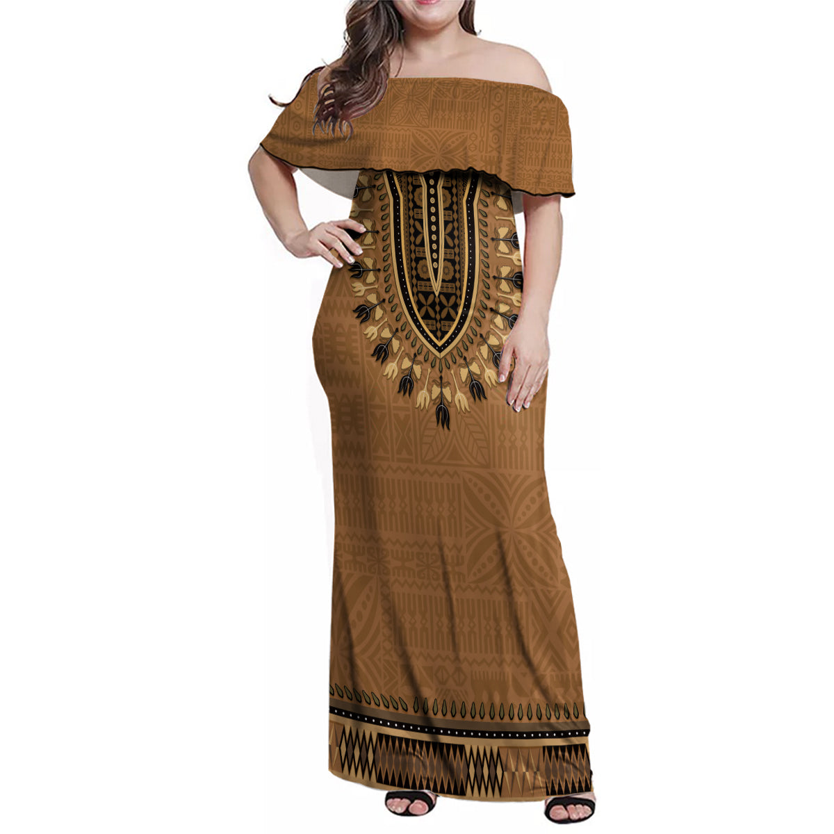 Brown African Dashiki With Fijian Tapa Pattern Family Matching Off Shoulder Maxi Dress and Hawaiian Shirt LT14 Mom's Dress Brown - Polynesian Pride