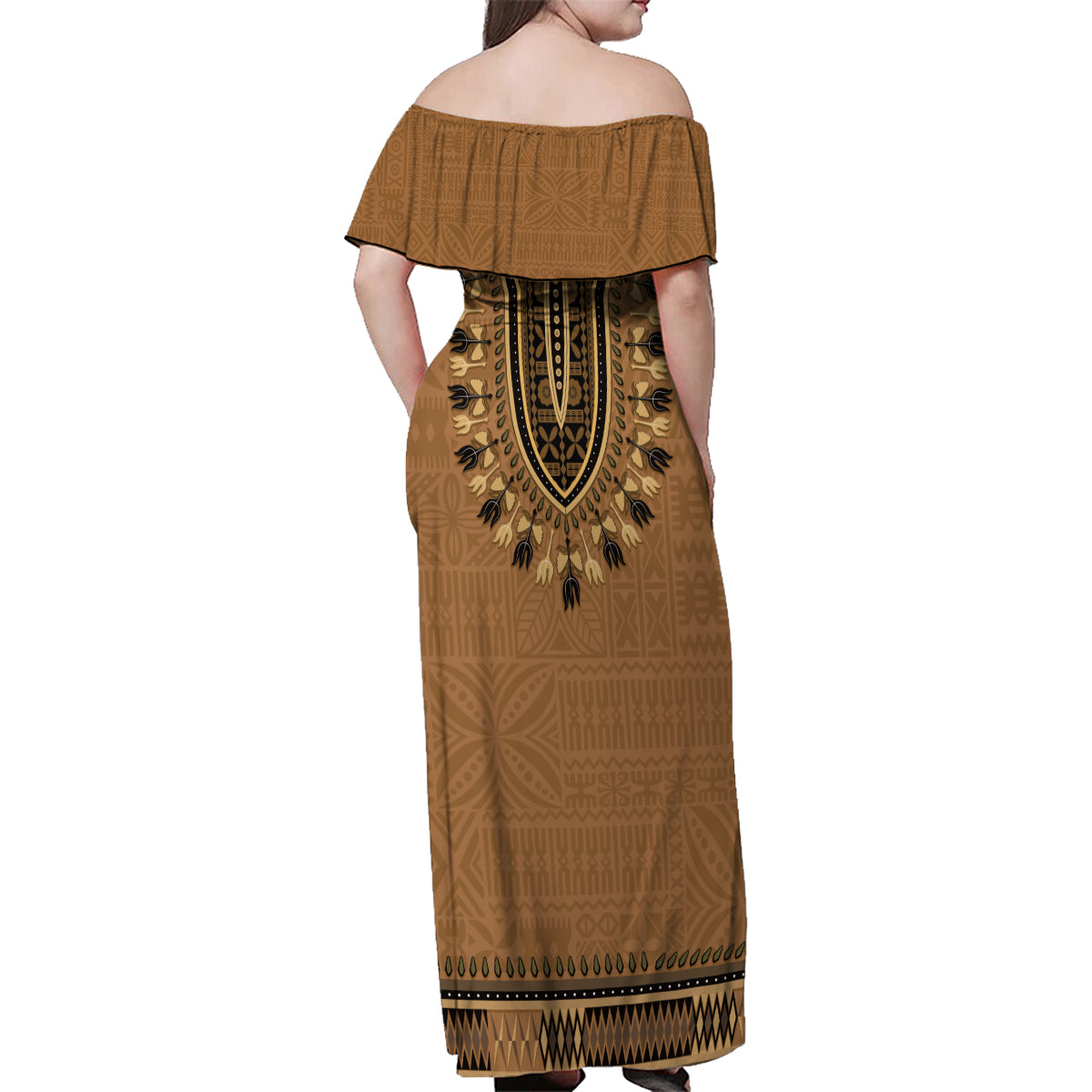 Brown African Dashiki With Fijian Tapa Pattern Family Matching Off Shoulder Maxi Dress and Hawaiian Shirt LT14 - Polynesian Pride