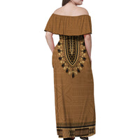 Brown African Dashiki With Fijian Tapa Pattern Family Matching Off Shoulder Maxi Dress and Hawaiian Shirt LT14 - Polynesian Pride