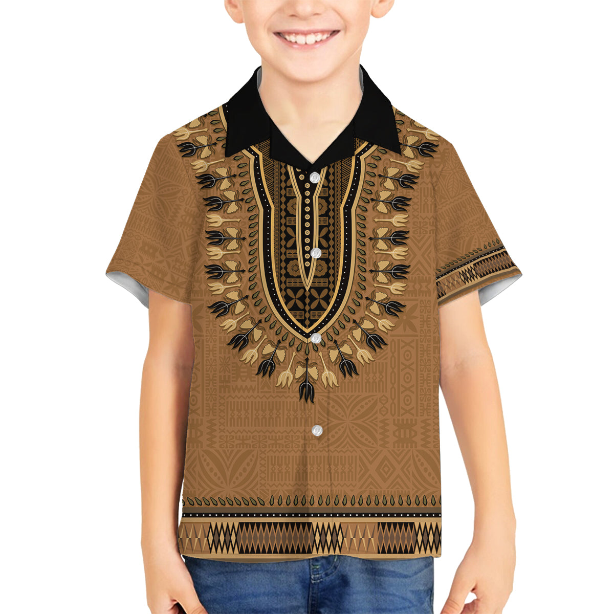 Brown African Dashiki With Fijian Tapa Pattern Family Matching Off Shoulder Maxi Dress and Hawaiian Shirt LT14 Son's Shirt Brown - Polynesian Pride