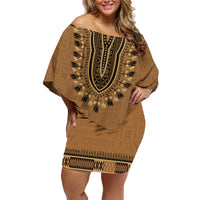 Brown African Dashiki With Fijian Tapa Pattern Family Matching Off Shoulder Short Dress and Hawaiian Shirt LT14 Mom's Dress Brown - Polynesian Pride