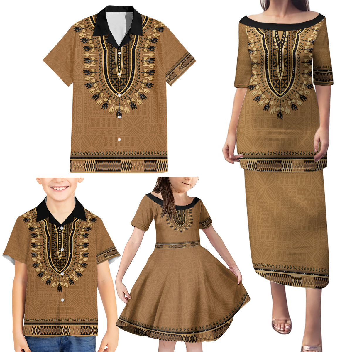 Brown African Dashiki With Fijian Tapa Pattern Family Matching Puletasi and Hawaiian Shirt LT14 - Polynesian Pride