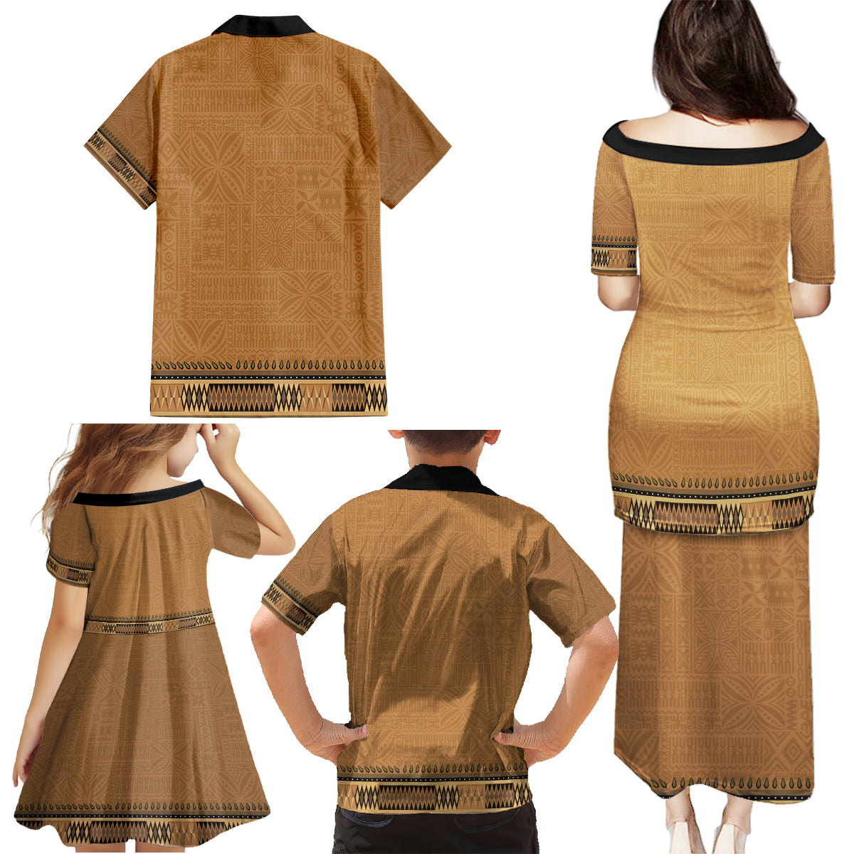 Brown African Dashiki With Fijian Tapa Pattern Family Matching Puletasi and Hawaiian Shirt LT14 - Polynesian Pride
