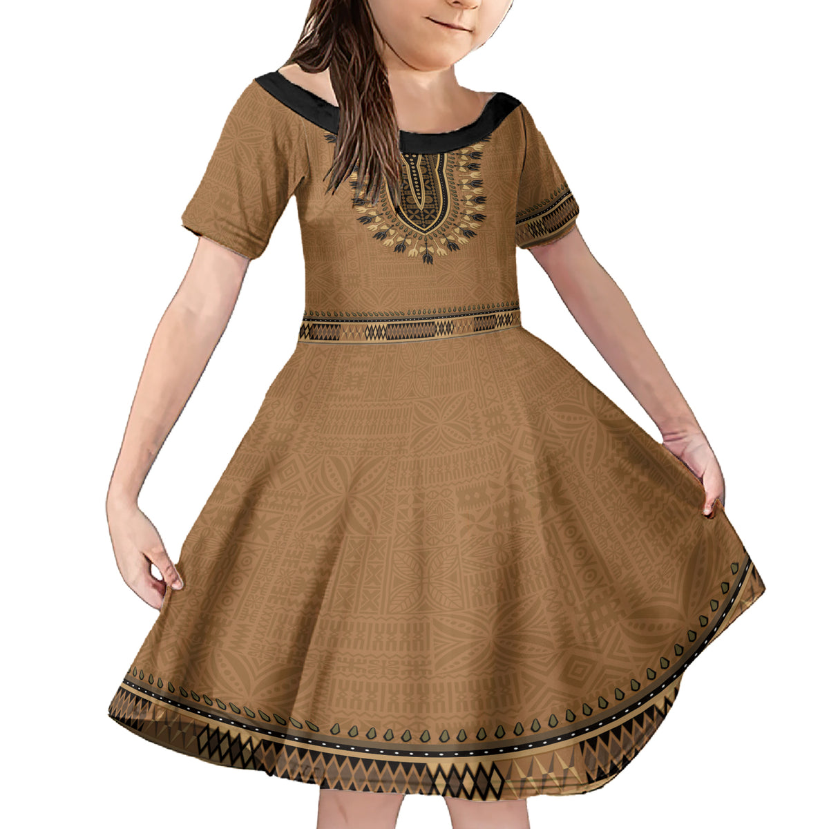 Brown African Dashiki With Fijian Tapa Pattern Family Matching Short Sleeve Bodycon Dress and Hawaiian Shirt LT14 Daughter's Dress Brown - Polynesian Pride