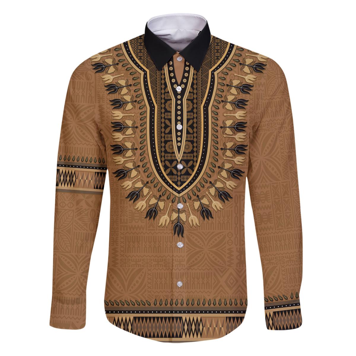 Brown African Dashiki With Fijian Tapa Pattern Family Matching Short Sleeve Bodycon Dress and Hawaiian Shirt LT14 Dad's Shirt - Long Sleeve Brown - Polynesian Pride