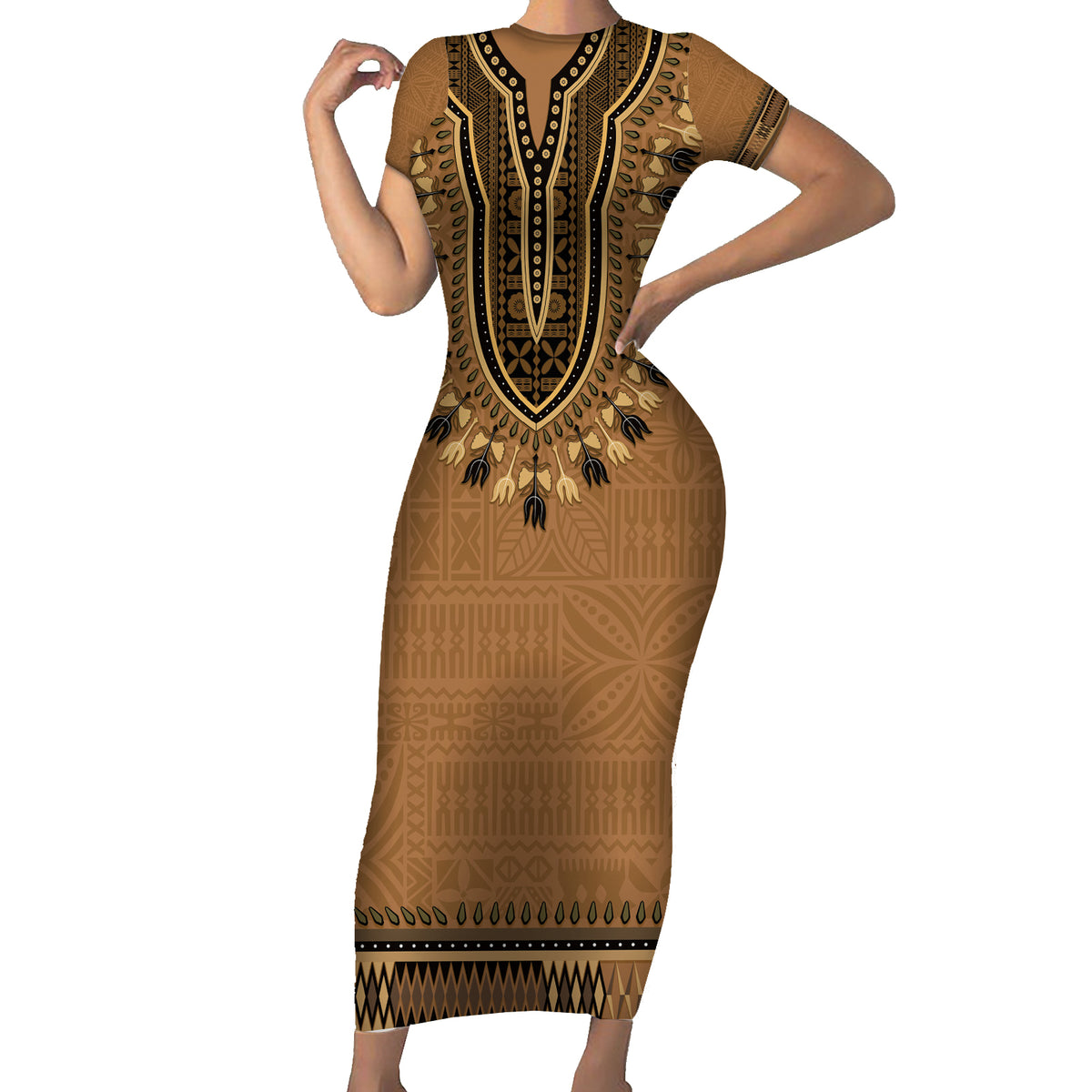 Brown African Dashiki With Fijian Tapa Pattern Family Matching Short Sleeve Bodycon Dress and Hawaiian Shirt LT14 Mom's Dress Brown - Polynesian Pride