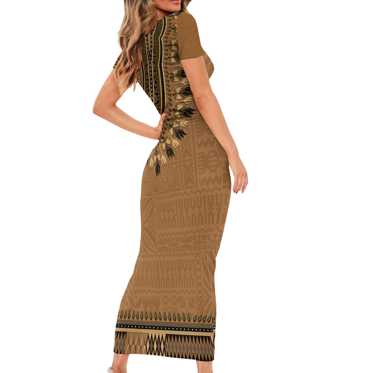 Brown African Dashiki With Fijian Tapa Pattern Family Matching Short Sleeve Bodycon Dress and Hawaiian Shirt LT14 - Polynesian Pride