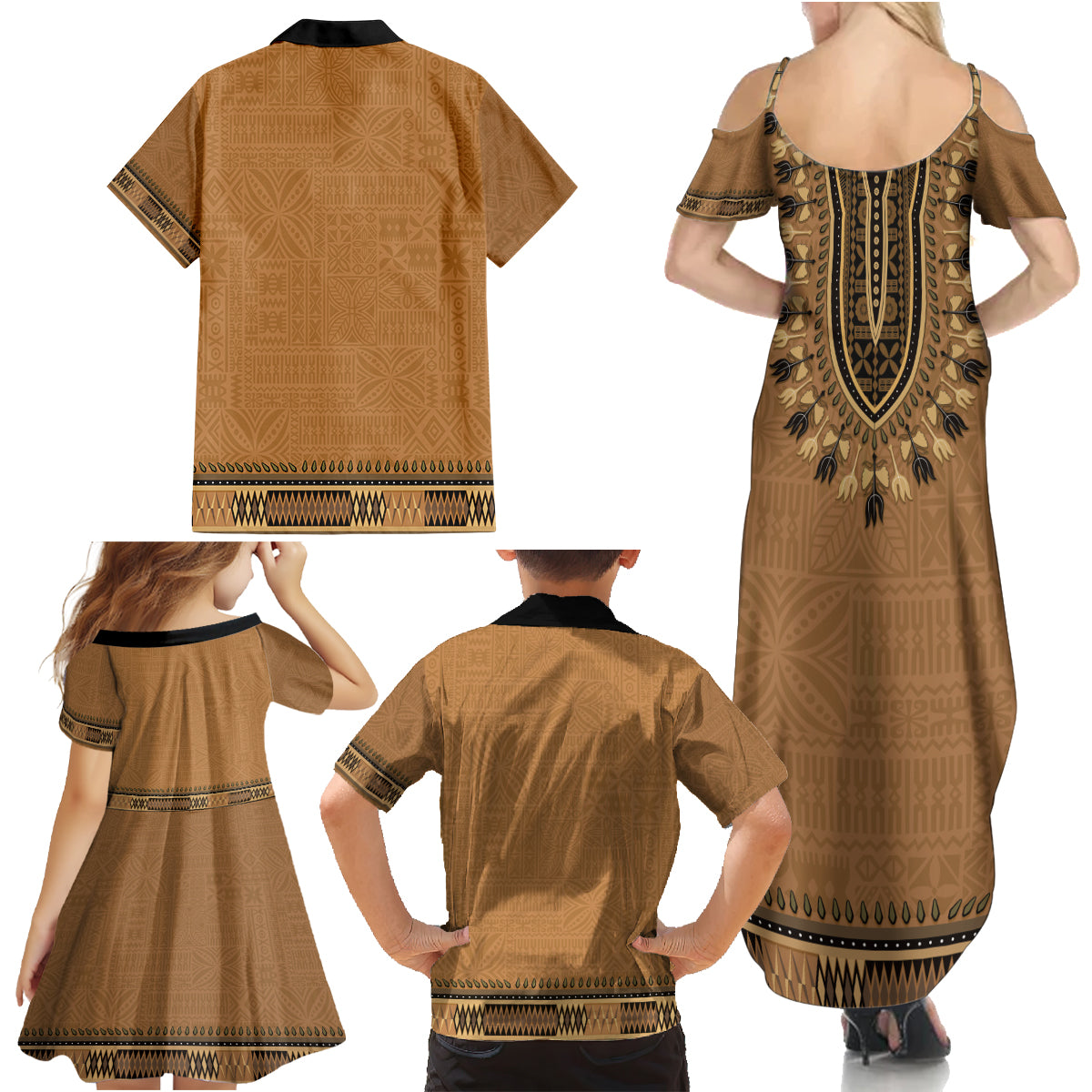 Brown African Dashiki With Fijian Tapa Pattern Family Matching Summer Maxi Dress and Hawaiian Shirt LT14 - Polynesian Pride