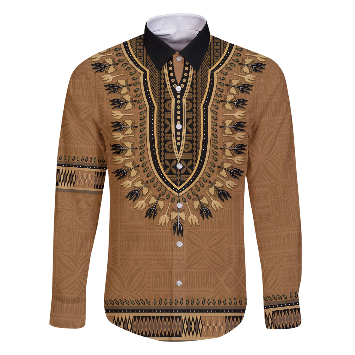 Brown African Dashiki With Fijian Tapa Pattern Family Matching Summer Maxi Dress and Hawaiian Shirt LT14 Dad's Shirt - Long Sleeve Brown - Polynesian Pride