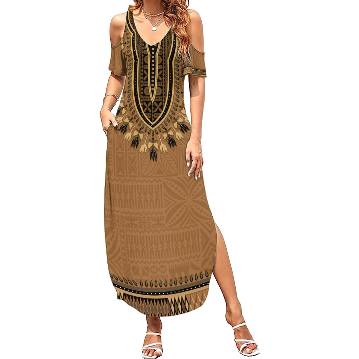 Brown African Dashiki With Fijian Tapa Pattern Family Matching Summer Maxi Dress and Hawaiian Shirt LT14 Mom's Dress Brown - Polynesian Pride