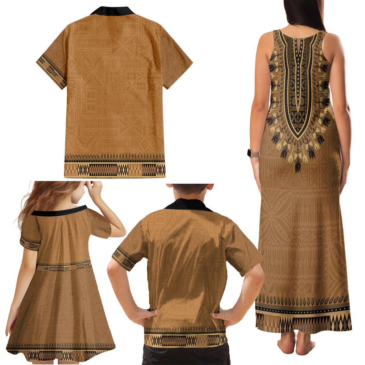 Brown African Dashiki With Fijian Tapa Pattern Family Matching Tank Maxi Dress and Hawaiian Shirt LT14 - Polynesian Pride