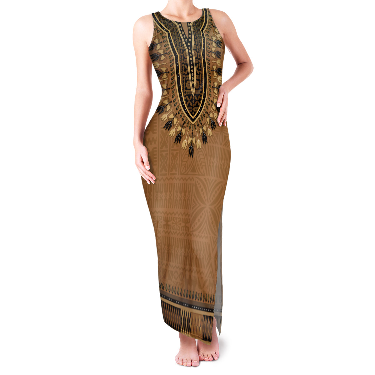Brown African Dashiki With Fijian Tapa Pattern Family Matching Tank Maxi Dress and Hawaiian Shirt LT14 Mom's Dress Brown - Polynesian Pride