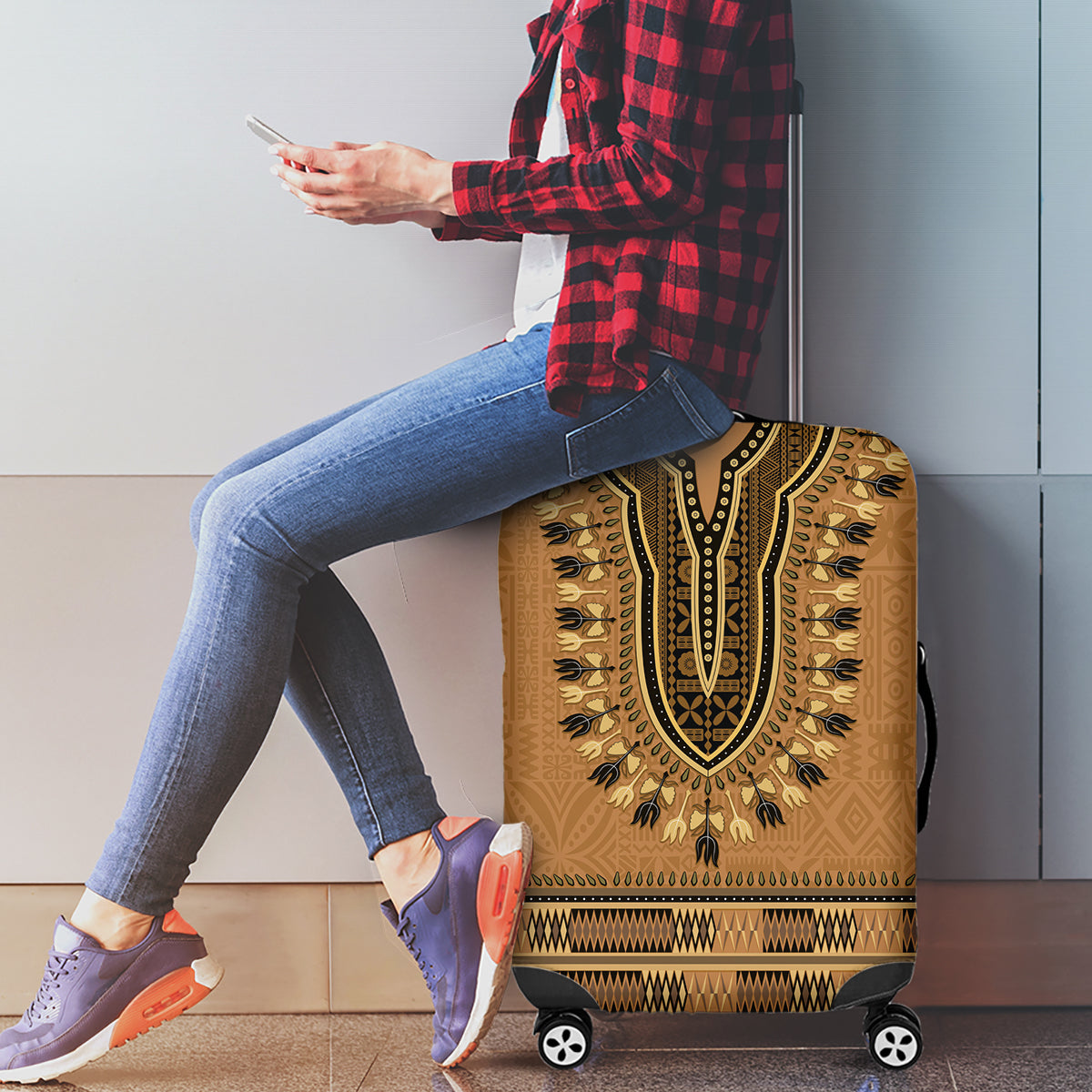 Brown African Dashiki With Fijian Tapa Pattern Luggage Cover LT14 - Polynesian Pride