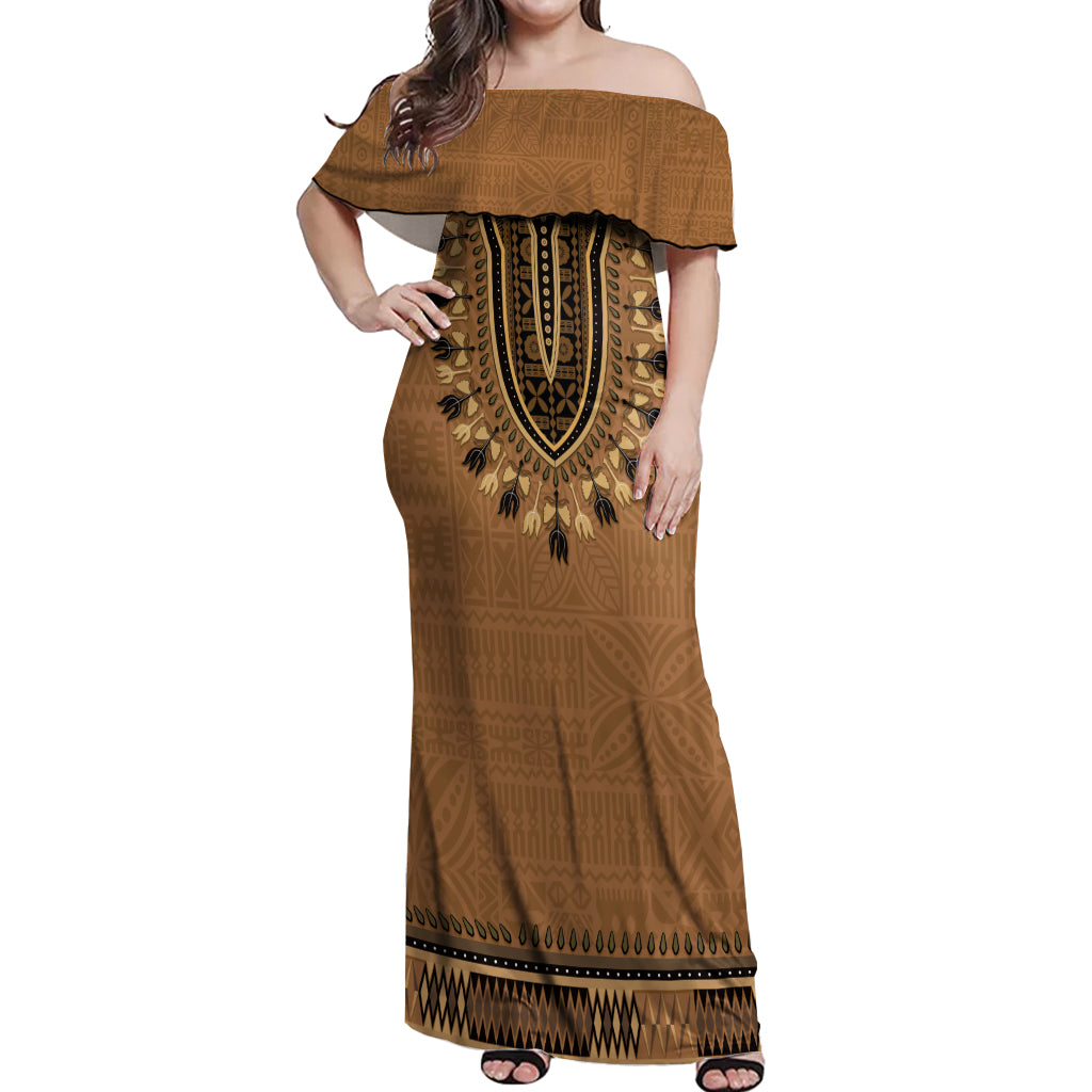 Brown African Dashiki With Fijian Tapa Pattern Off Shoulder Maxi Dress LT14 Women Brown - Polynesian Pride