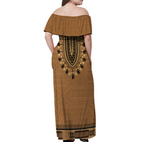 Brown African Dashiki With Fijian Tapa Pattern Off Shoulder Maxi Dress LT14 - Polynesian Pride