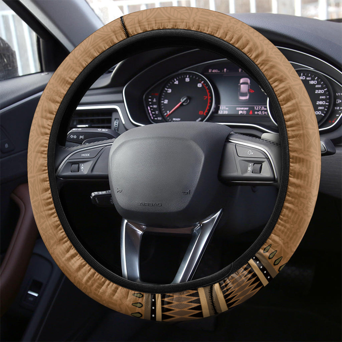 Brown African Dashiki With Fijian Tapa Pattern Steering Wheel Cover