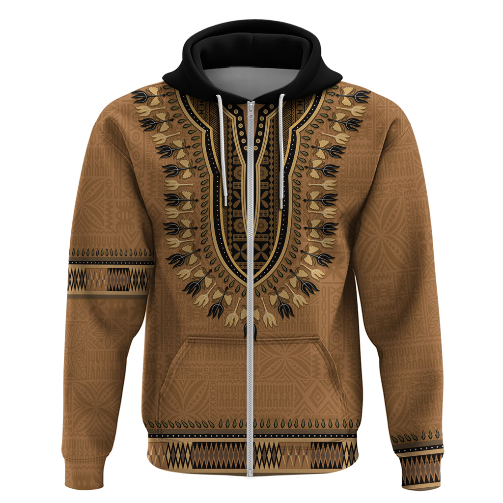 Brown African Dashiki With Fijian Tapa Pattern Zip Hoodie LT14 Zip Hoodie Brown - Polynesian Pride