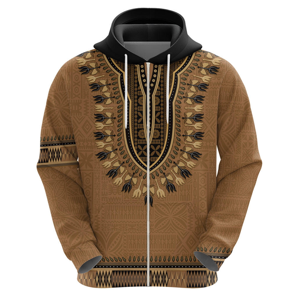 Brown African Dashiki With Fijian Tapa Pattern Zip Hoodie LT14 - Polynesian Pride