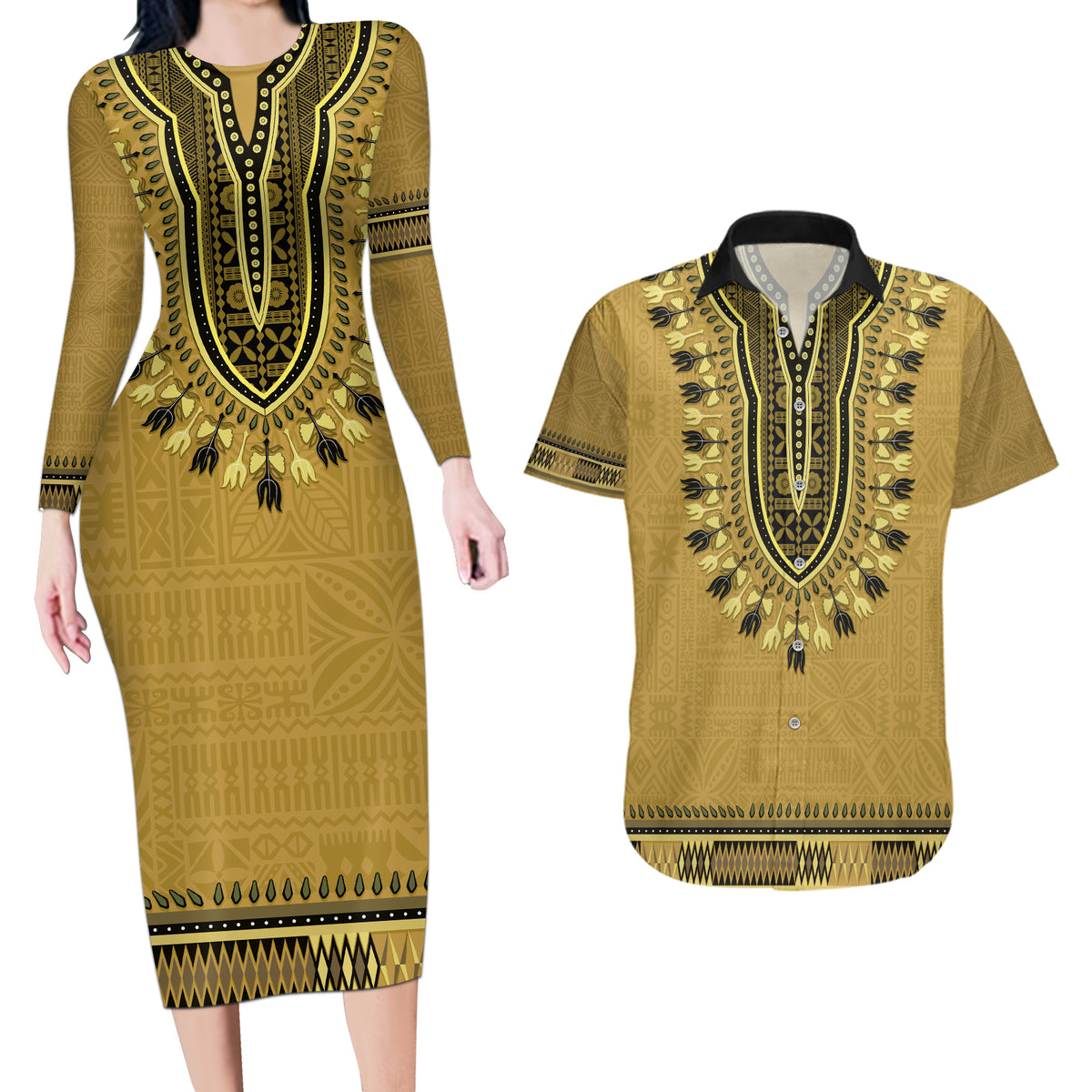 Gold African Dashiki With Fijian Tapa Pattern Couples Matching Long Sleeve Bodycon Dress and Hawaiian Shirt LT14 Gold - Polynesian Pride